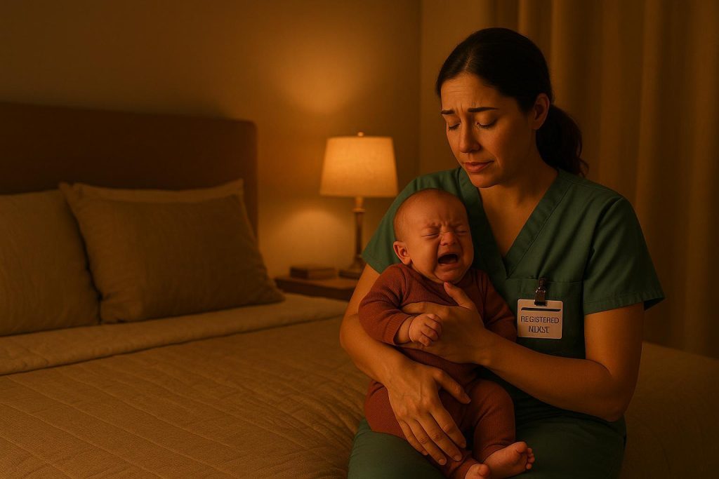 A registered nurse soothing a colic baby in a softly lit room.